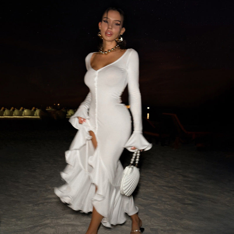 Cross-border new European and American clothing sexy hot girl slim flared sleeve dress personalized single-breasted slit long skirt