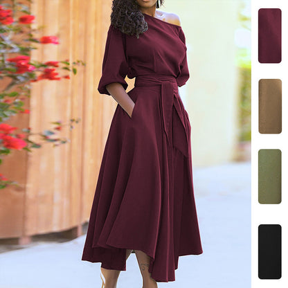 2026 spring new foreign trade wish amazon European and beautiful clothing strap waist temperament slanted shoulder dress