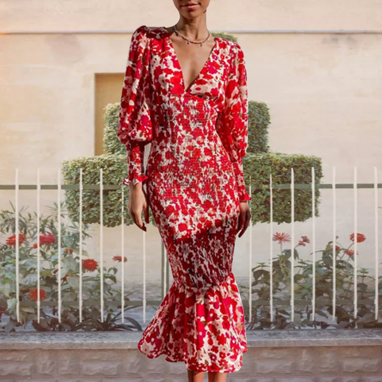 European and American women's clothing Amazon foreign trade new V-neck fashion sexy slim temperament long sleeve spring dress women's 661