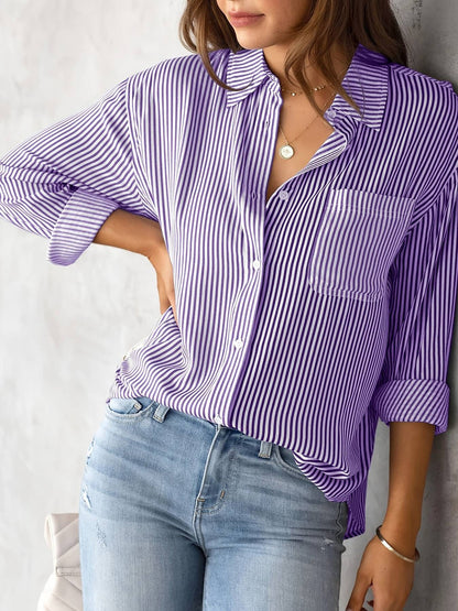 Women's Fall 2023 Amazon Striped Cardigan Tops Loose Casual Long Sleeve Shirts Women's Striped Long Sleeve Shirts