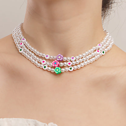 European and American cross-border jewelry, ins style, soft pottery, flowers, colorful love, imitation pearl necklaces, women's niche design, light luxury