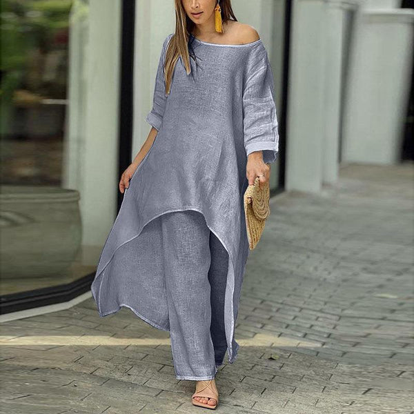 2026 spring new cross-border European and beautiful clothing temperament elegant and loose solid color fashion crew neck wide-leg pants two-piece set
