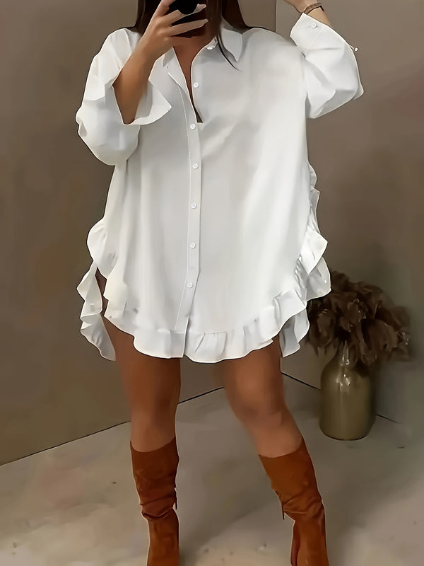 Plus size women's new cross-border foreign trade euro size women's solid color loose casual ruffle hem loose shirt