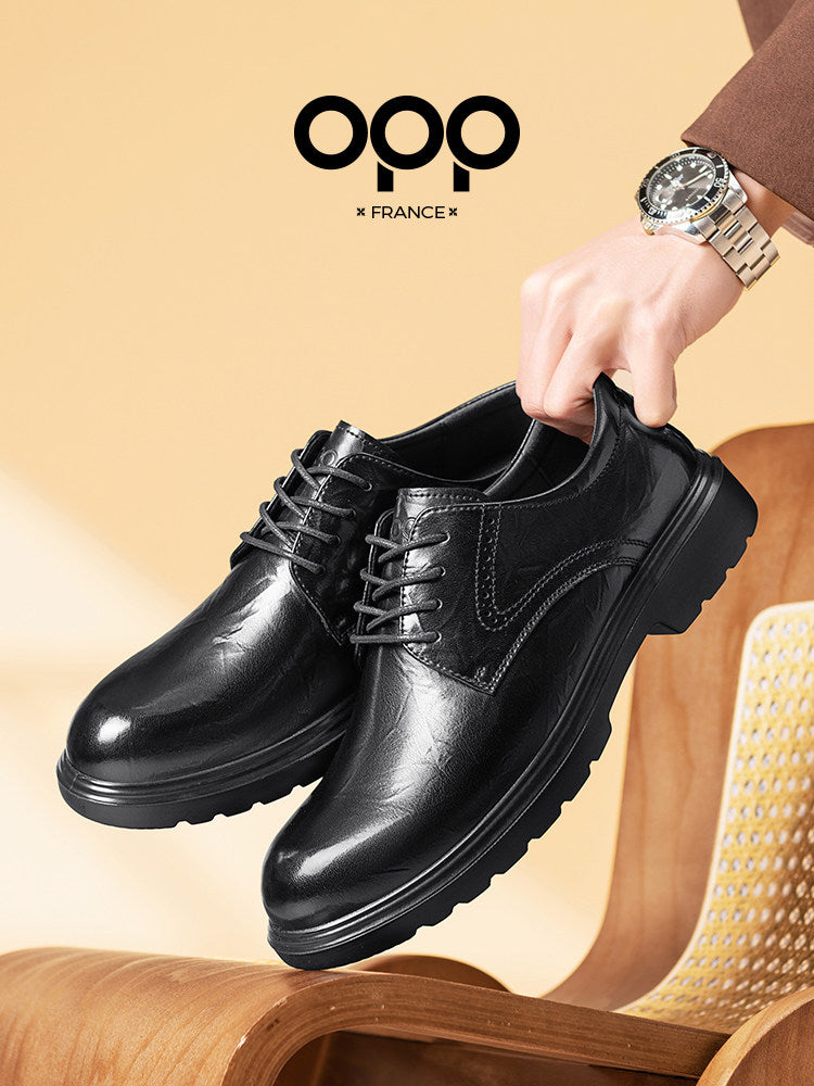 OPP leather shoes spring British black versatile wedding business casual formal pleated thick sole leather derby shoes for men