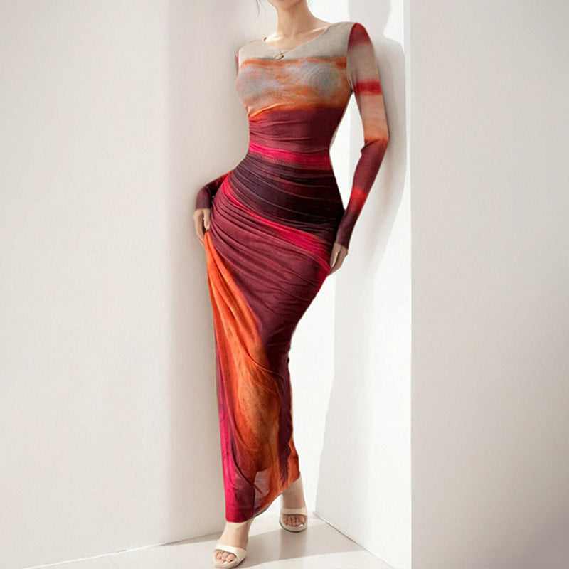 2025 cross-border Amazon spring European and beautiful women's clothing temperament is elegant and sexy, slim-fitting, long-waisted, long-sleeved dress