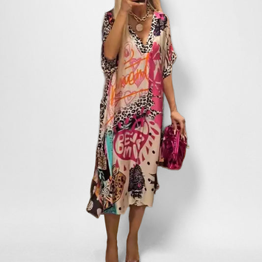 Amazon's new spring fashion temperament casual leopard print deep V-neck five-quarter sleeve dress