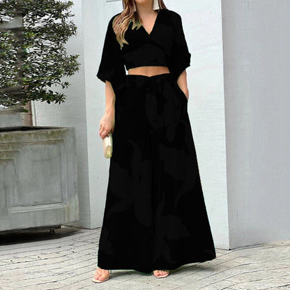 Europe and the United States 2025 Amazon New V-Neck Balloon Sleeve Cropped Top High Waist Wide Leg Pants Women's Spring Women's Suit