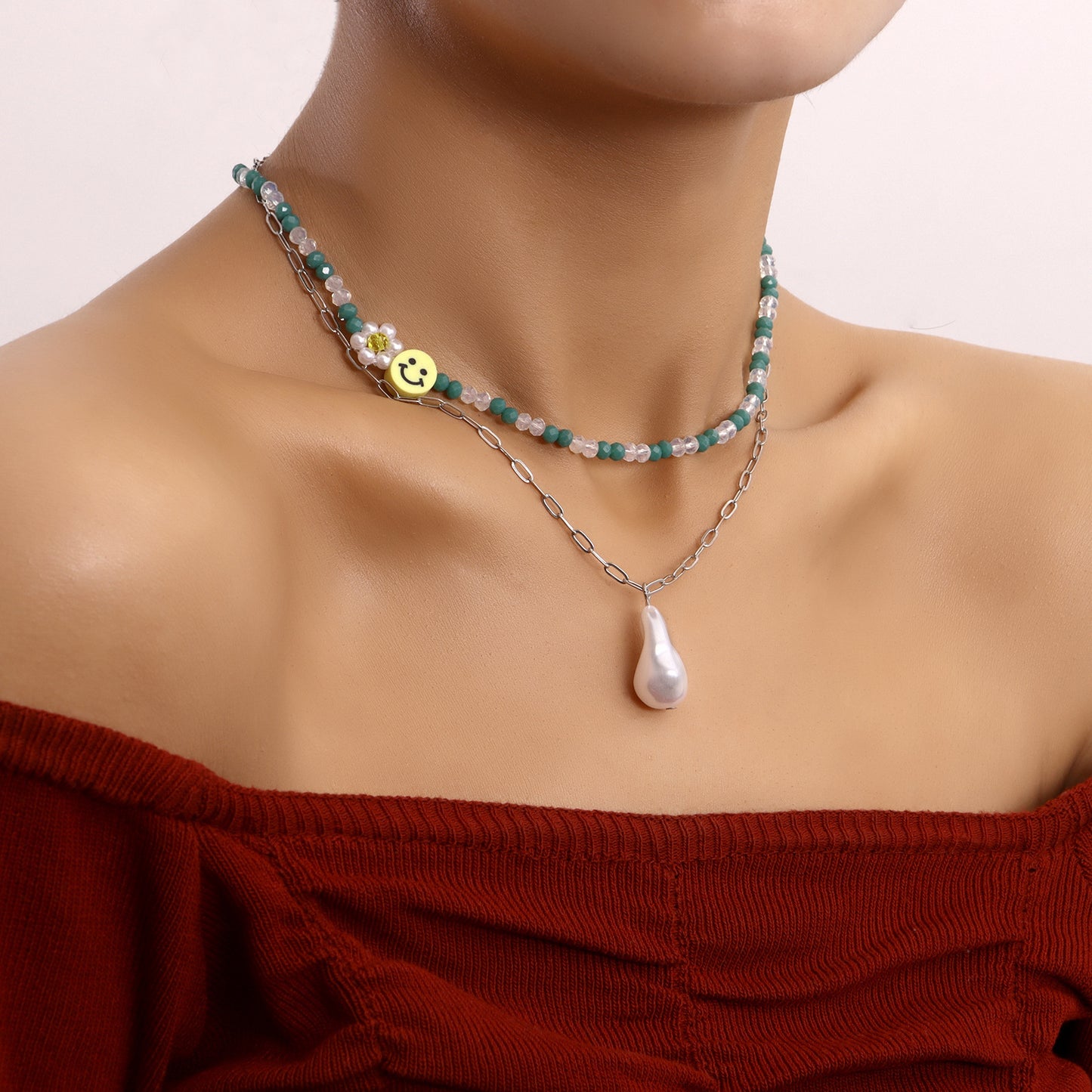 European and American cross-border jewelry, fashion double-layer crystal paper clip, smiley face, special-shaped pearl pendant necklace, female fairy style