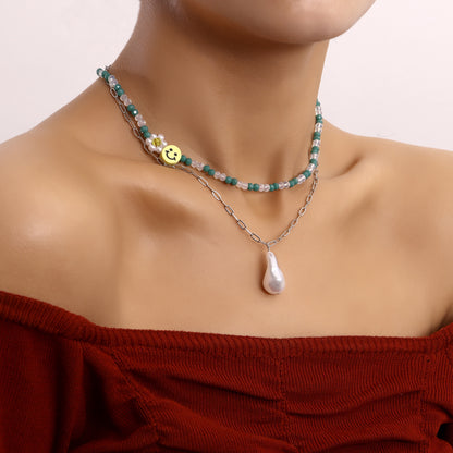 European and American cross-border jewelry, fashion double-layer crystal paper clip, smiley face, special-shaped pearl pendant necklace, female fairy style
