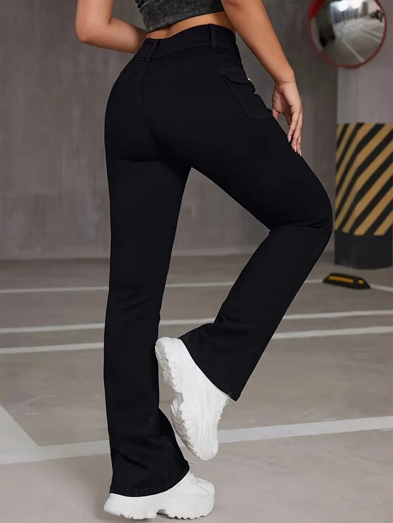 Women's jeans multi-craft pocket design black pants stretch slimming versatile flared trousers JEANS