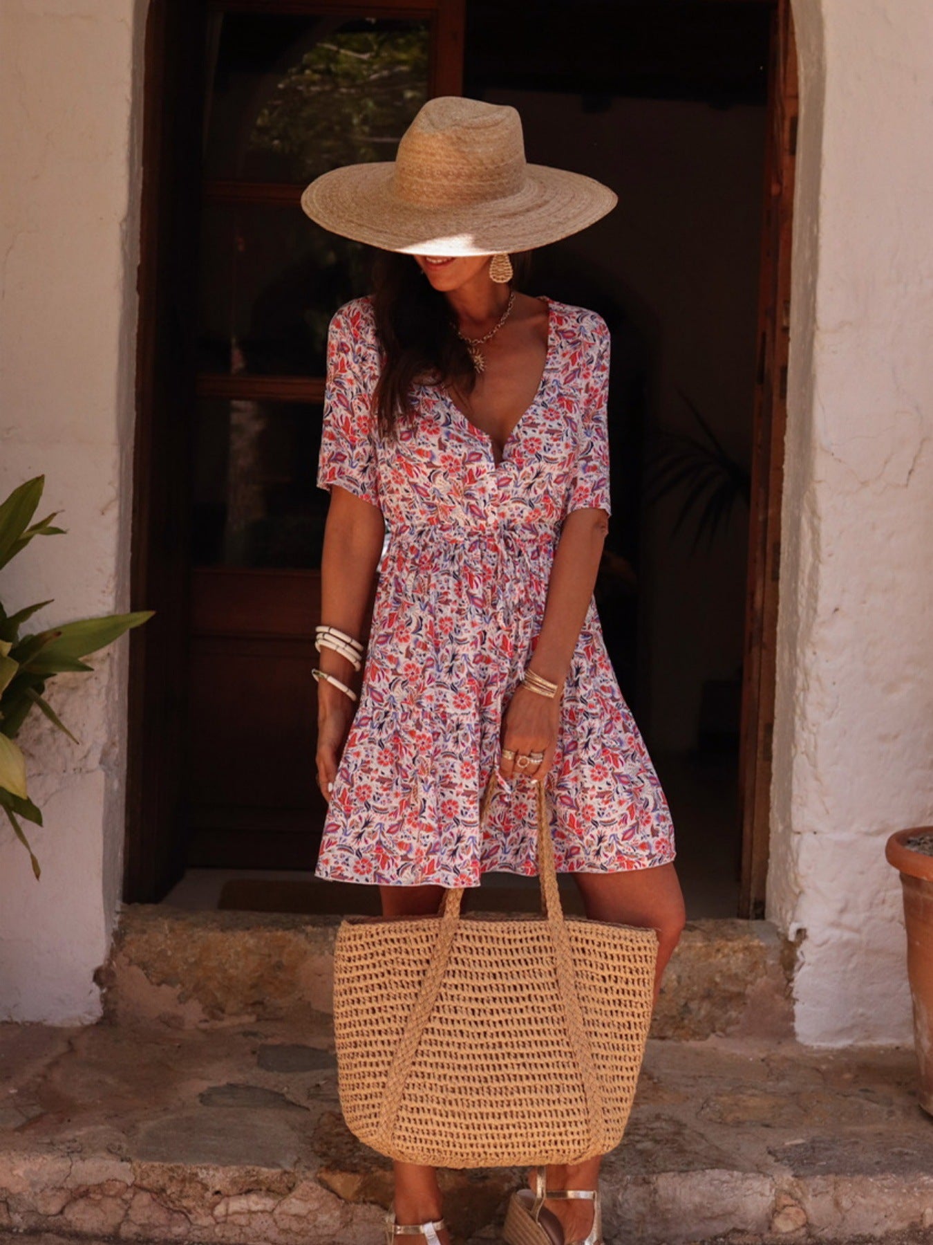 European and American spring/summer small floral elegant casual vacation versatile mid-sleeve V-neck dress with drawstrings