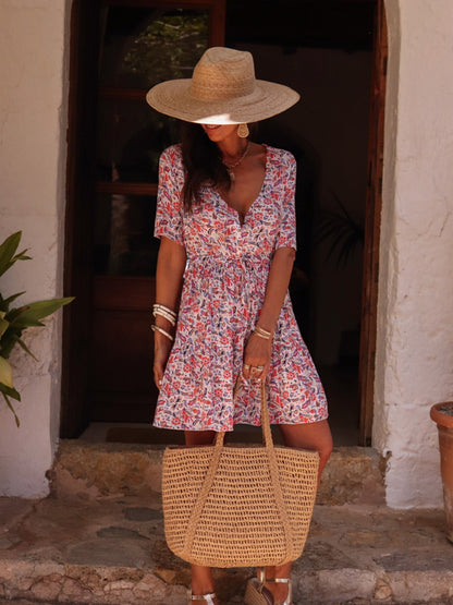 European and American spring/summer small floral elegant casual vacation versatile mid-sleeve V-neck dress with drawstrings