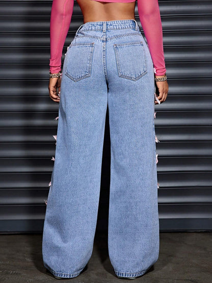 Cross-border foreign trade new design butterfly ins style jeans wide-leg wash high-waisted straight-leg trousers women's JEANS
