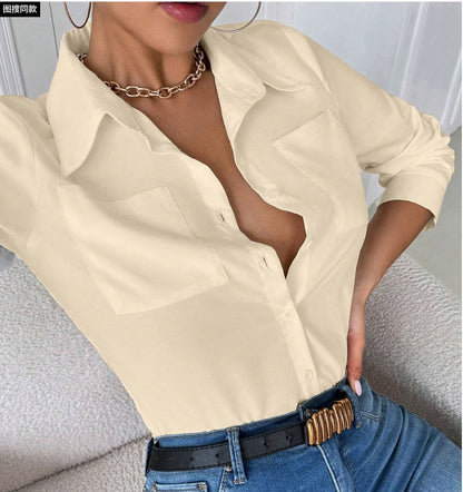2025 New European and American Elegant Women's Cross-border Four Seasons Loose Long Sleeve Lapel Shirt Top with Pockets