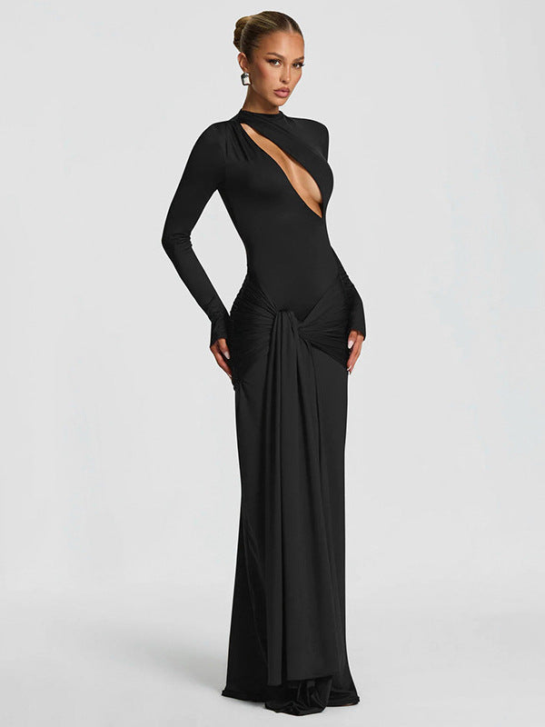 European and American foreign trade autumn and winter new women's clothing solid color sexy chest hollow long sleeve pleated strap hip wrap dress for women