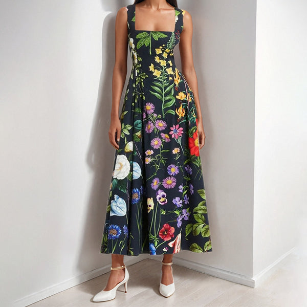 2025 new European and American foreign trade women's temperament elegant style printed square neck high waist lace-up slip dress for women