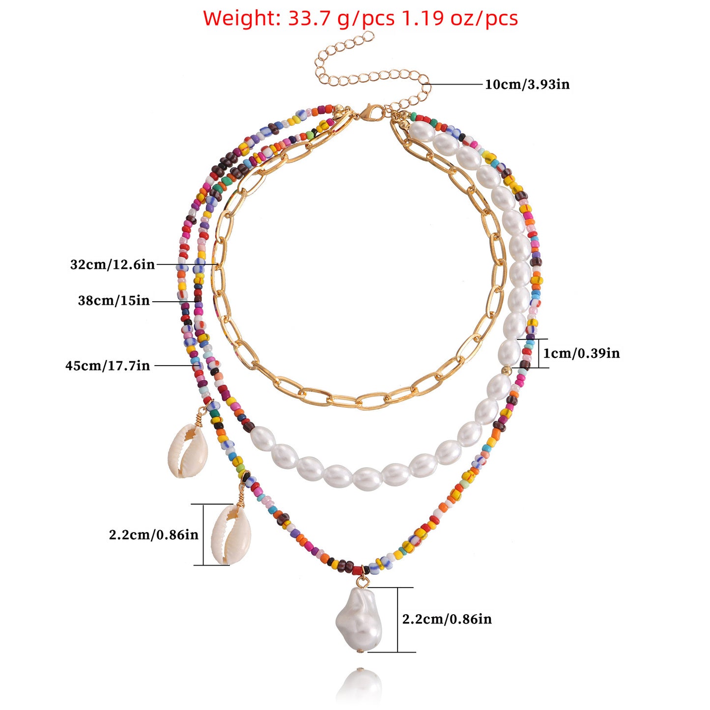 European and American cross-border jewelry bohemian multi-layer trend color rice beads special-shaped pearl shell pendant necklace women