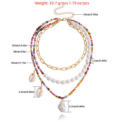 European and American cross-border jewelry bohemian multi-layer trend color rice beads special-shaped pearl shell pendant necklace women