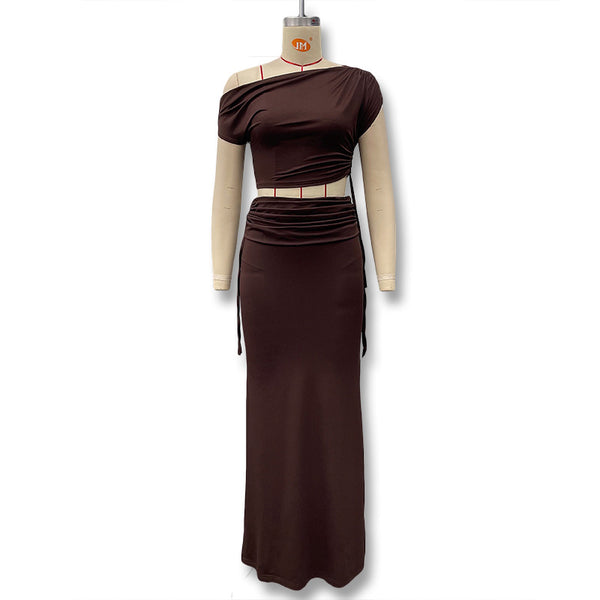 Cross-border 2025 summer new European and beautiful clothing temperament solid color diagonal collar crop top slit skirt two-piece set
