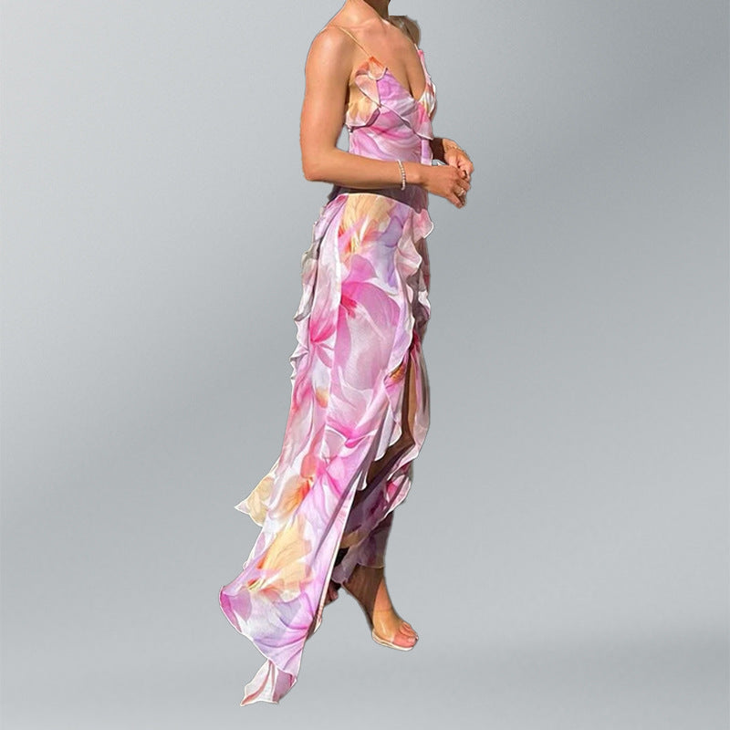 Vestido camisola estampado com efeito desfocado, tendência europeia e americana para o verão de 2025, novo modelo de nicho, sexy, com detalhes em serpentina, racha e saia comprida chique.