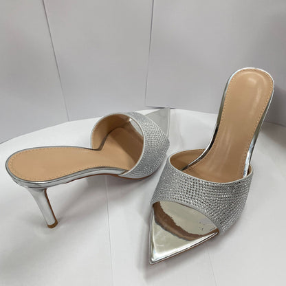 Summer women's beautiful stiletto heeled rhinestone high-heeled slippers with skirts pointed toe high-heeled heels are sexy and not tiring to the feet