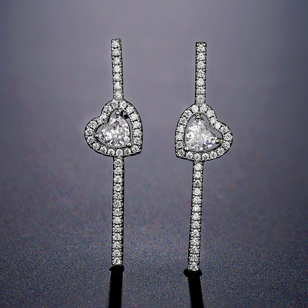 Cross-border best-selling heart-shaped stud earrings with a straight row of diamond zircon earrings, light luxury and high-end style earrings, simple commuting accessories