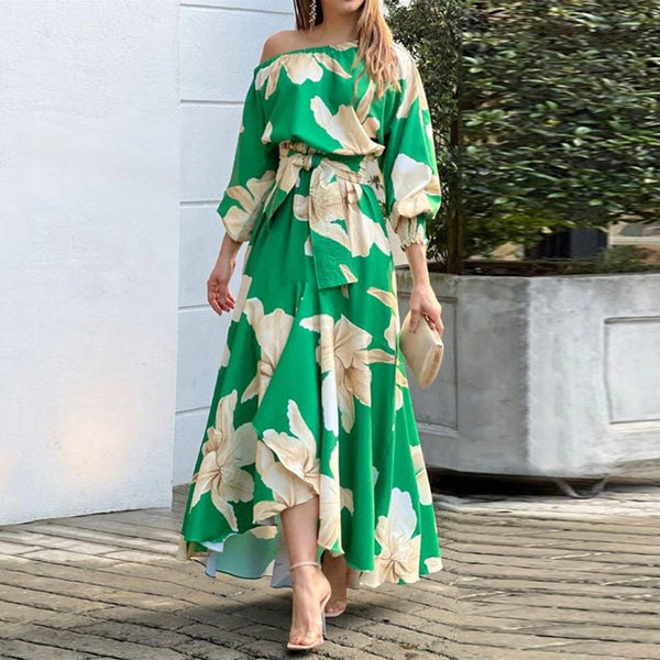 2026 Spring European and American Women's Clothing Amazon New Temperament Elegant Print Long Sleeve Slanted Collar Plus Size Loose Dress