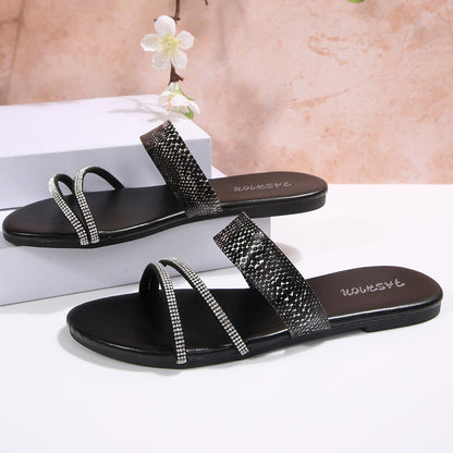 European and American cross-border women's shoes, export fashion slippers, elegant versatile python pattern decorative round-toe flat sandals