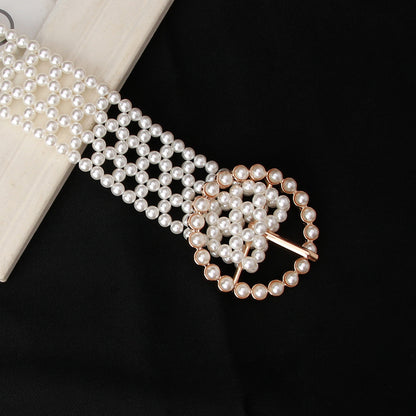 New product trend ladies belt sweet fashion imitation pearl woven waist chain elegant ladies dress decorative belt