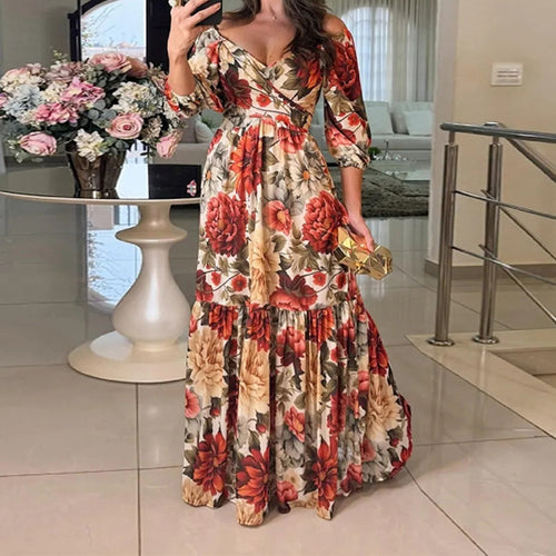 2026 Spring New Cross-border European and American Clothing Elegant and Fashionable V-Neck Print Mid-Quarter Sleeve V-Neck Dress