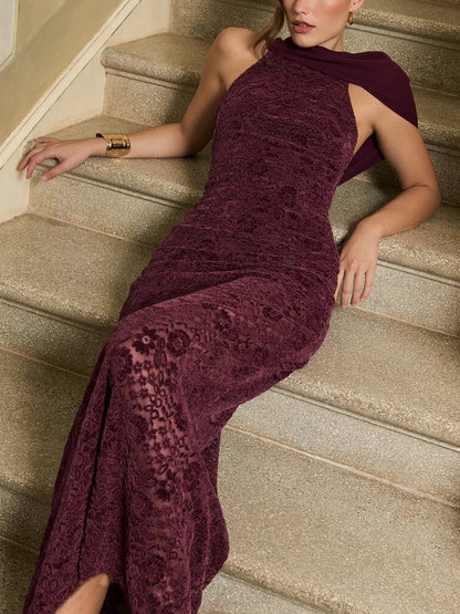 Foreign trade European and American autumn new women's fashion French temperament scarf collar sexy backless lace spliced hip wrap dress