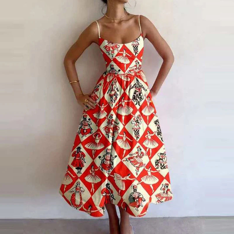 Amazon's new cross-border European and American fashion print pleated waist slip dress for spring 2026