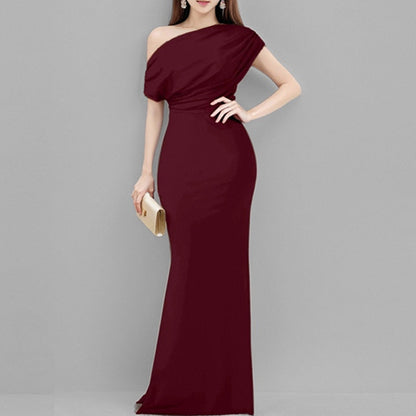 2025 Summer Amazon Cross-border European and American Fashion New Temperament Elegant and Fashionable Solid Color Hip Wrapping Slanted Shoulder Dress