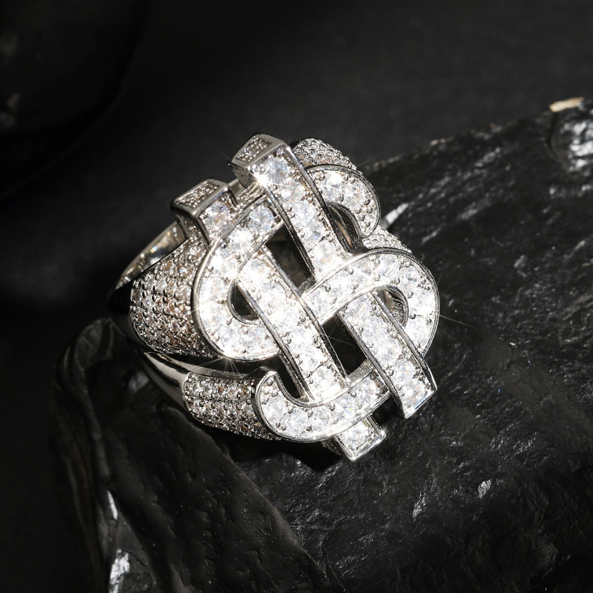 European and American cross-border temu Amazon best-selling full zircon ring with hollowed-out US dollar symbol, hip-hop trendsetter men's ring