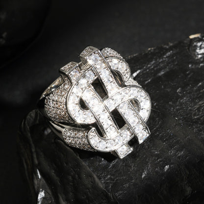 European and American cross-border temu Amazon best-selling full zircon ring with hollowed-out US dollar symbol, hip-hop trendsetter men's ring