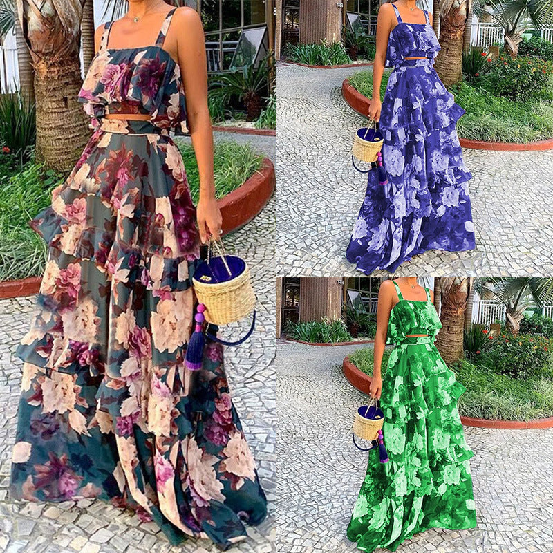 Cross-border 2026 Amazon European and American Clothing New Fashion Floral Top Suspender Ruffled Cake Skirt Set for Women