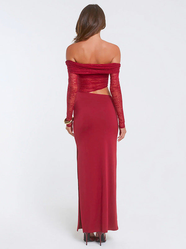 Foreign trade European beauty clothing autumn and winter new temperament one-line collar long sleeve sexy open waist spliced lace dress for women