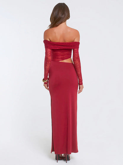 Foreign trade European beauty clothing autumn and winter new temperament one-line collar long sleeve sexy open waist spliced lace dress for women