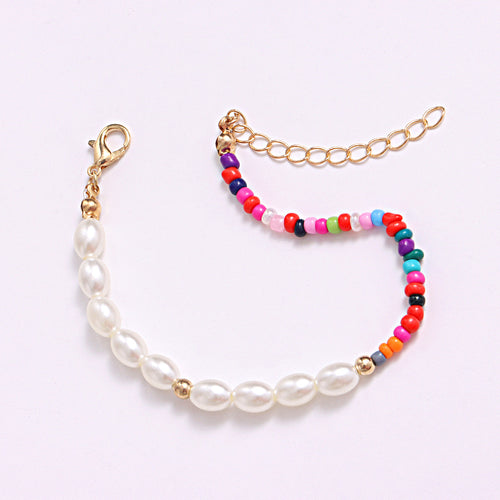European and American cross-border jewelry Women's half-sided colored rice bead pearl bracelet Amazon popular personality matching hand jewelry