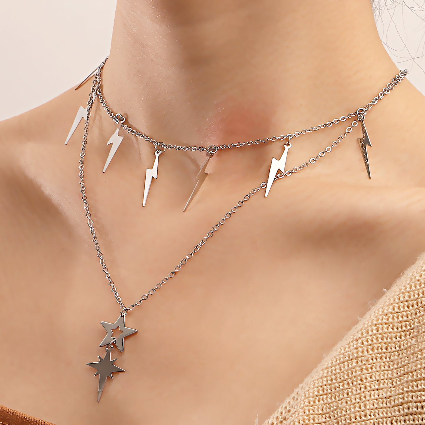 Lightning stars stacked multi-layer necklaces European and American new products simple tassel trend clavicle chain set necklace women's accessories