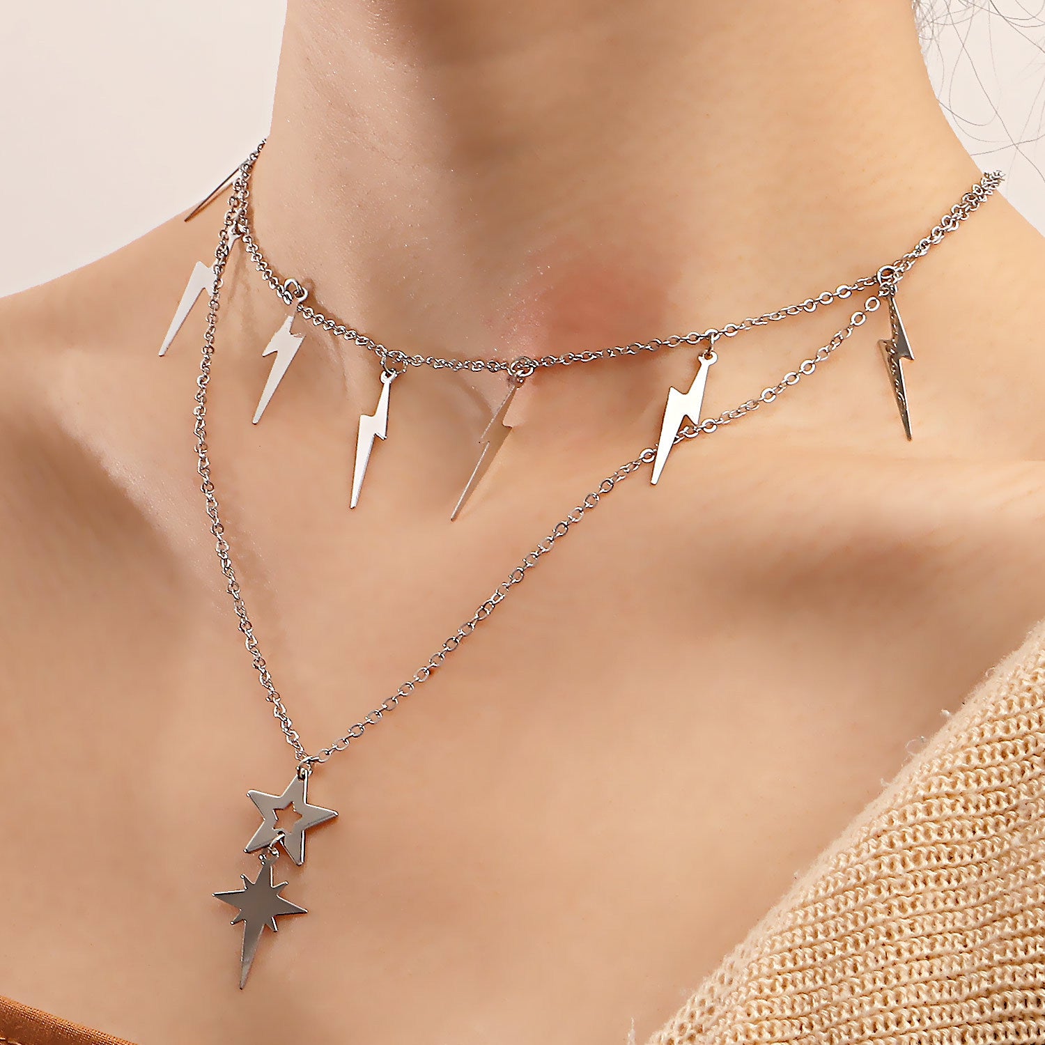 Lightning stars stacked multi-layer necklaces European and American new products simple tassel trend clavicle chain set necklace women's accessories