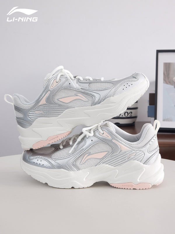 Li-Ning Dad Shoes Women's 2026 Summer New Mesh Breathable Vintage Height-Increasing Silver Pink Versatile Casual Sports Shoes
