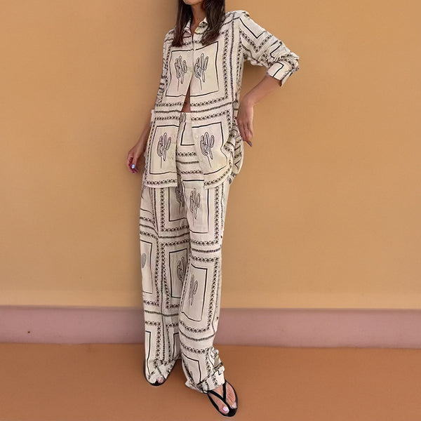 Cross-border spring 2026 new European and American style women's clothing temperament long-sleeved printed shirt loungewear fashion women's suit