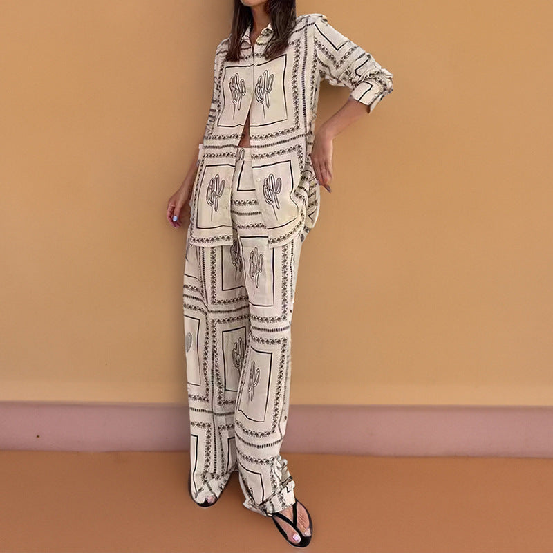 Cross-border spring 2026 new European and American style women's clothing temperament long-sleeved printed shirt loungewear fashion women's suit