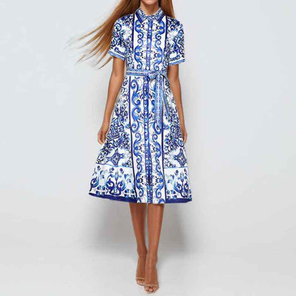 2026 Amazon European and American foreign trade women's spring new lapel long-sleeved national style print lace-up short-sleeved dress