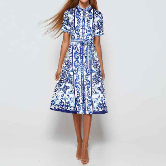 2026 Amazon European and American foreign trade women's spring new lapel long-sleeved national style print lace-up short-sleeved dress