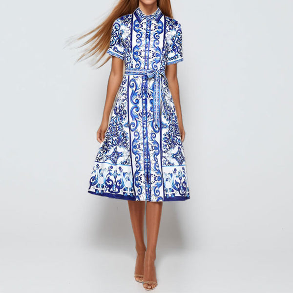 2026 Amazon European and American foreign trade women's spring new lapel long-sleeved national style print lace-up short-sleeved dress