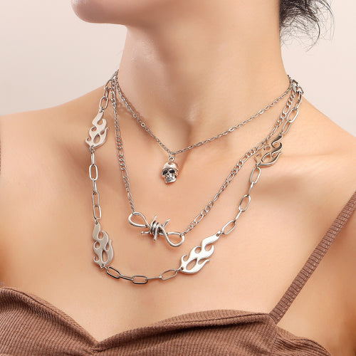 European and American cross-border jewelry, punk multi-layered flame shape, ins, metallic necklace, female skull, clavicle chain necklace