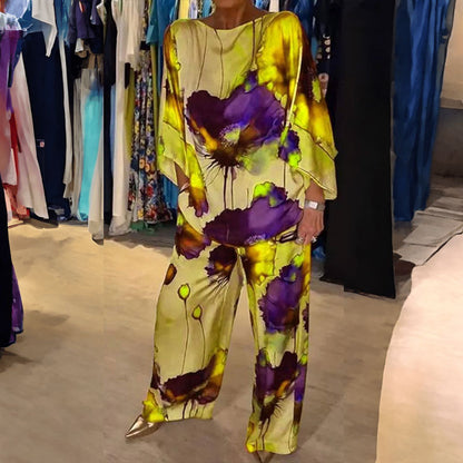 Independent station spring new European and American clothing temperament elegant printed bat sleeve wide-leg trousers fashion suit 661