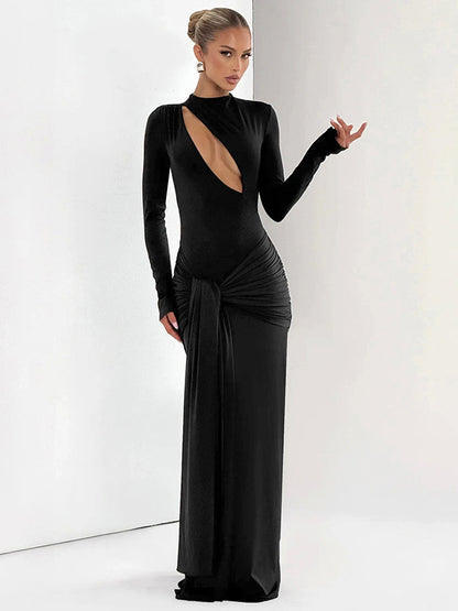 European and American foreign trade autumn and winter new women's clothing solid color sexy chest hollow long sleeve pleated strap hip wrap dress for women